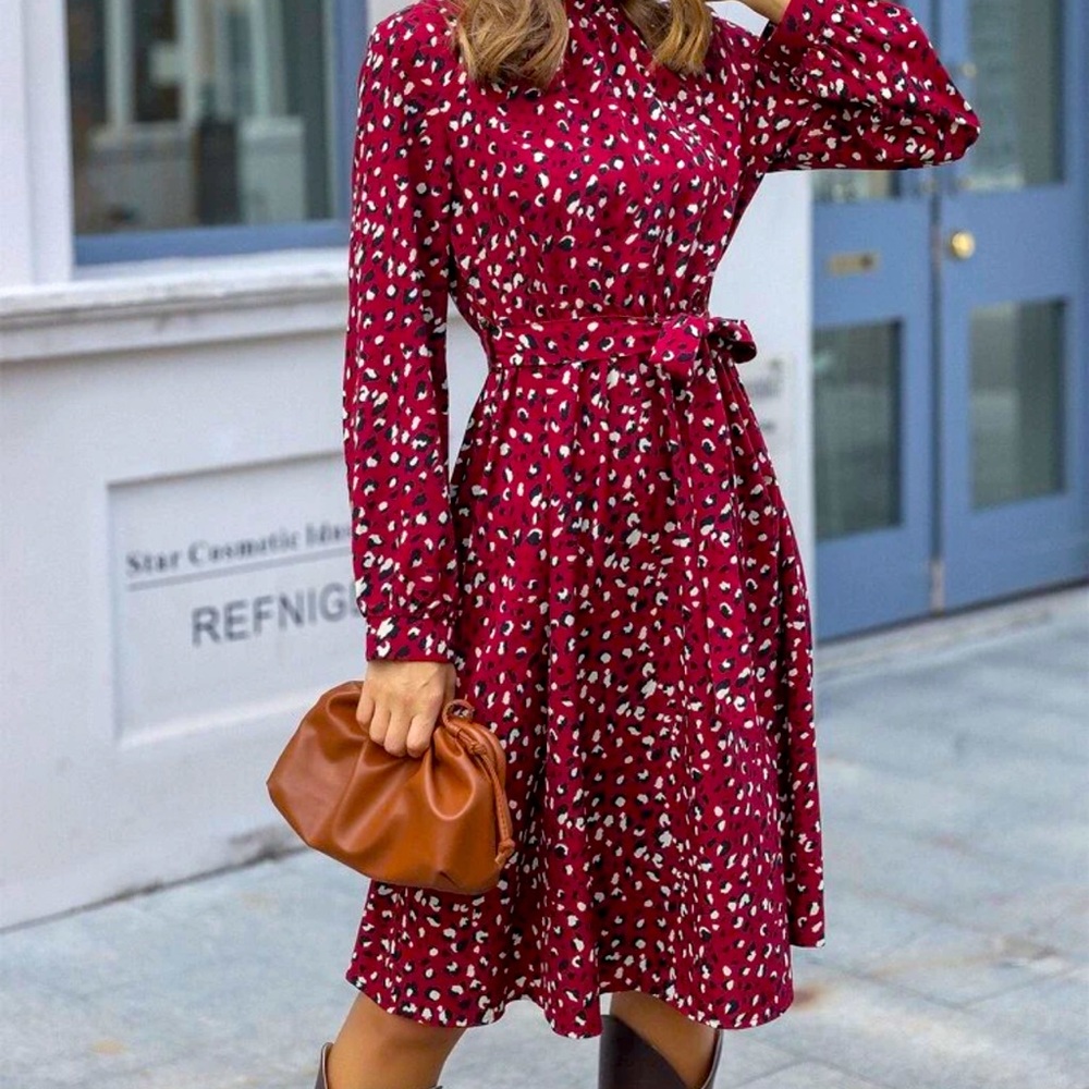 Mock-Neck Belted Leopard Dress